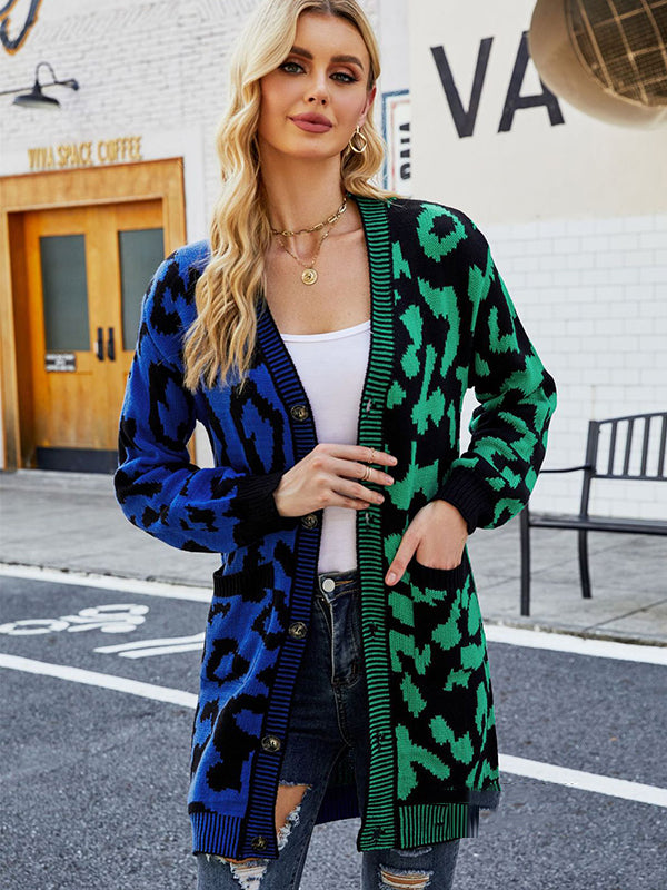 Urban Loose Long Sleeves Printed Leopard V-Neck Cardigan Tops by migunica