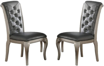 Luxury Antique Silver Wooden Set of 2 Dining Side Chairs Grey Faux Leather / PU Tufted Upholstered Cushion Chairs