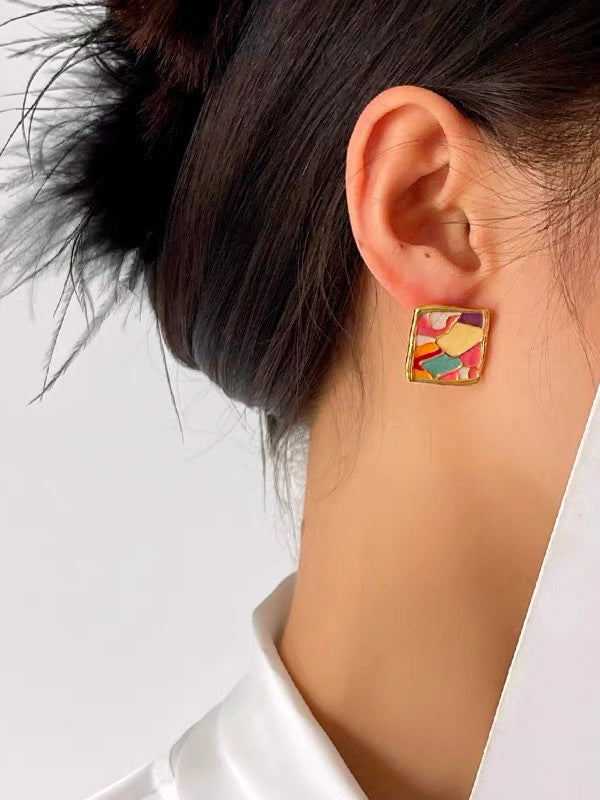 Multi-Colored Enamel Oil Painting Style Square Earrings by migunica