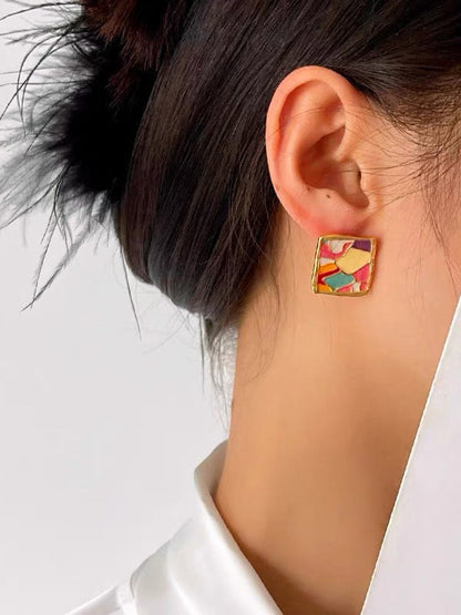 Multi-Colored Enamel Oil Painting Style Square Earrings by migunica