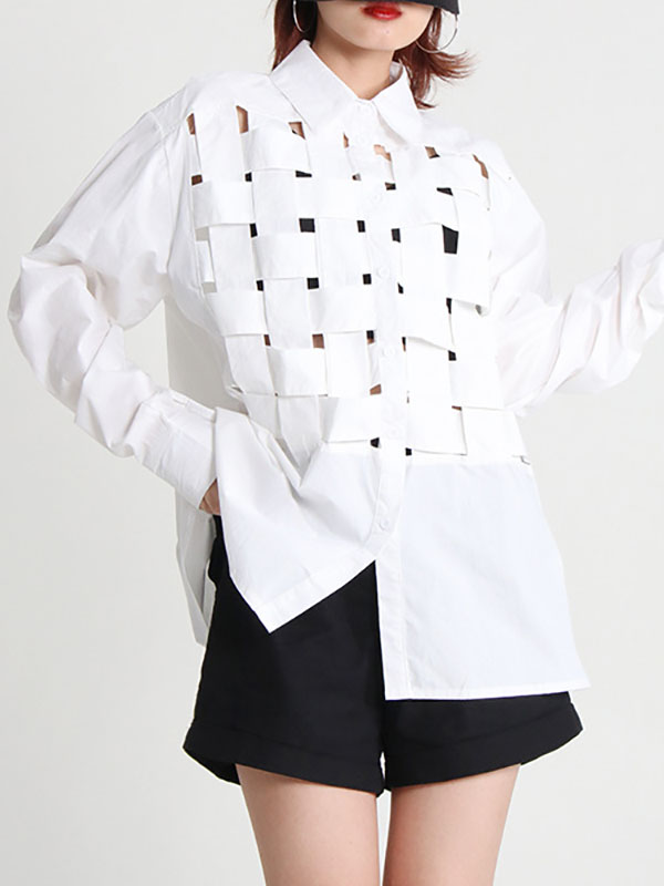 Original Loose Puff Sleeves Buttoned Hollow Solid Color Lapel Collar Blouses&Shirts Tops by migunica