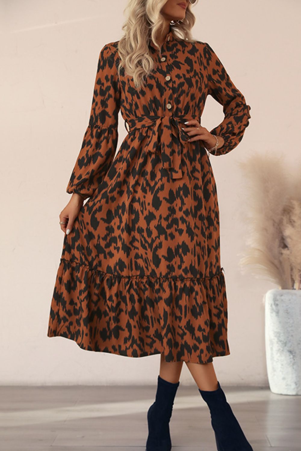 Printed Bubble Sleeve Buttoned Shirt Dress by BlakWardrob