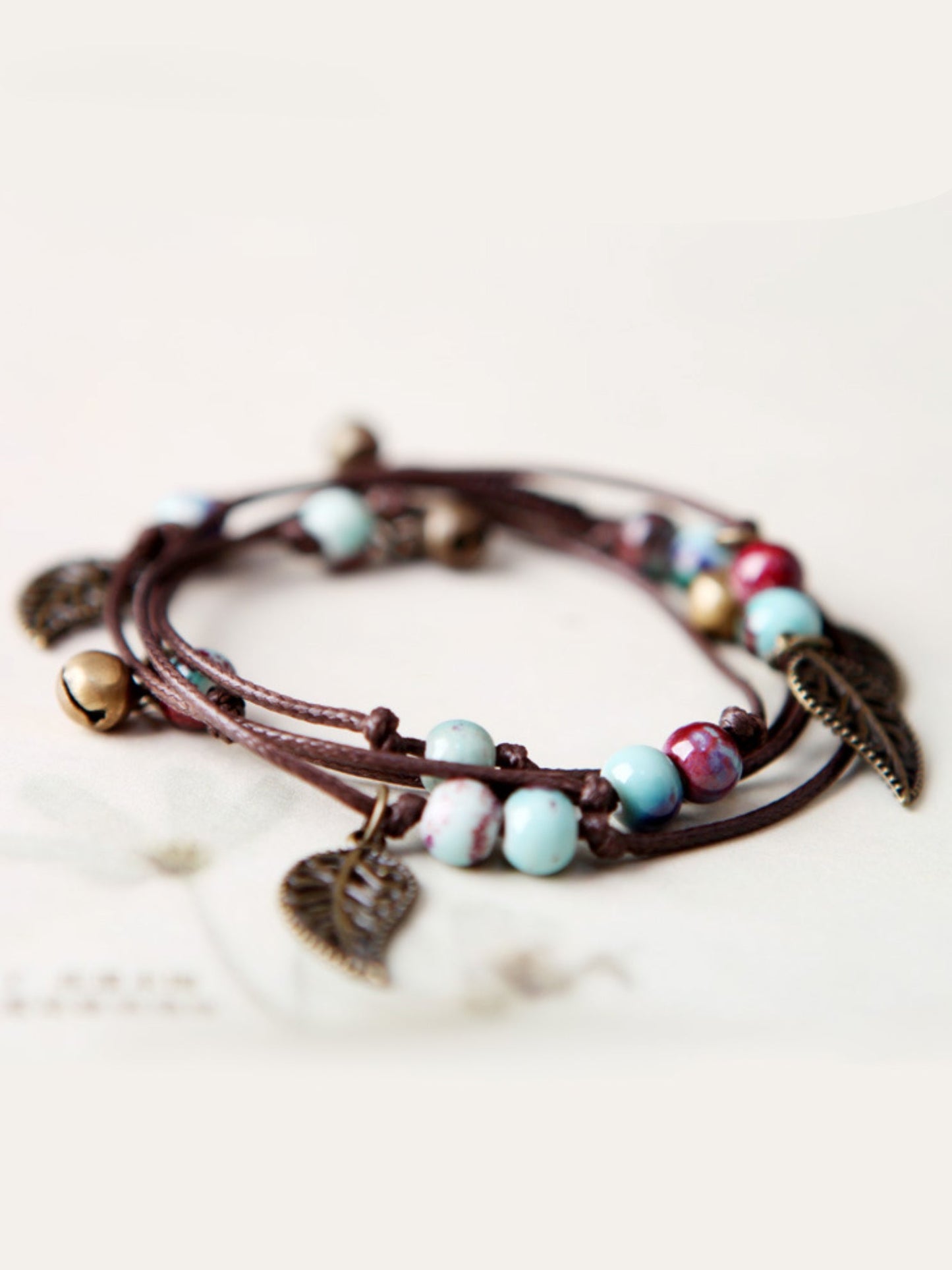 Original National Handmade 7 Colors Ceramic Bead Alloy Leaf Bracelet by migunica