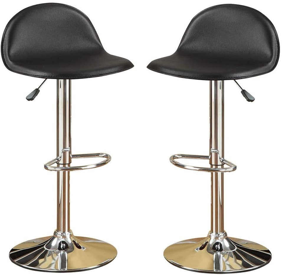 Black Faux Leather Stool Adjustable Height Chairs Set of 2 Chair Kitchen Island Stools Chrome Base PVC Dining Furniture