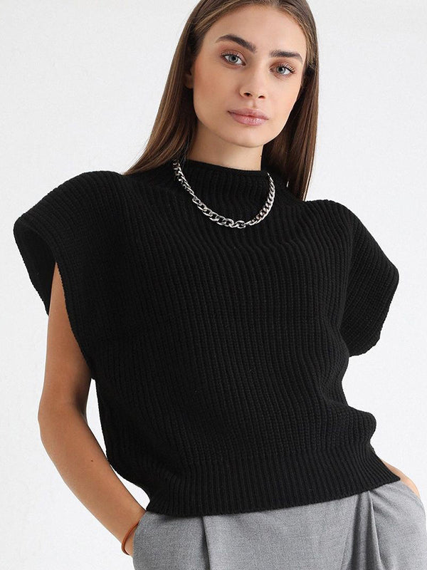 Casual Cap Sleeve Solid Color High-Neck Sweater Tops Pullovers by migunica