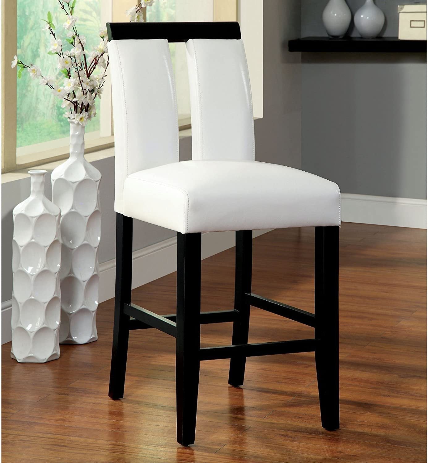 Set of 2 Chairs Black And White Leatherette Beautiful Padded Counter height Chairs Slit Back Design Kitchen Dining Room Furniture