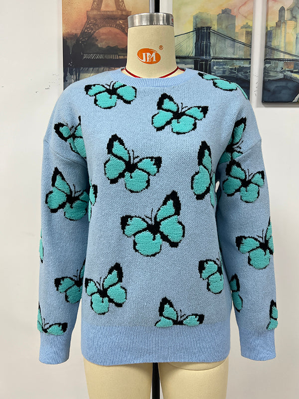 Original Long Sleeves Loose Butterfly Print Contrast Color Round-Neck Sweater Tops by migunica