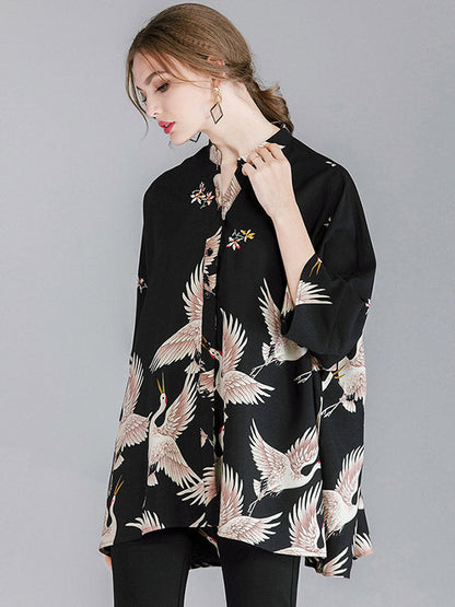 Original Crane Printed Buttoned Stand Collar Half Sleeves Blouse by migunica