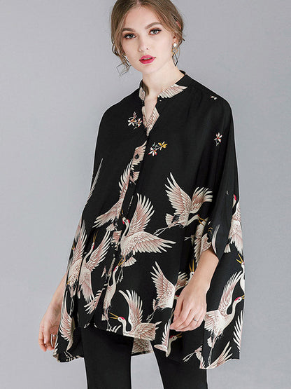 Original Crane Printed Buttoned Stand Collar Half Sleeves Blouse by migunica