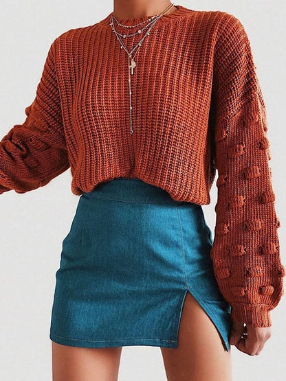 Trendy Tops Puff Sleeves Loose Solid Color Round-Neck Sweater Tops by migunica