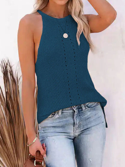 Loose Sleeveless Hollow Solid Color Spaghetti-Neck Vest Top by migunica