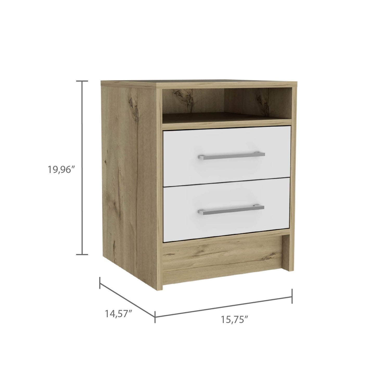 Nightstand Cartiz, Two Drawers, White / Light Oak Finish