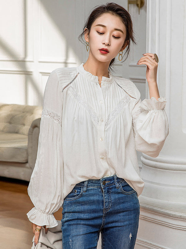 Vintage Urban White Loose Puff Sleeves Blouse by migunica