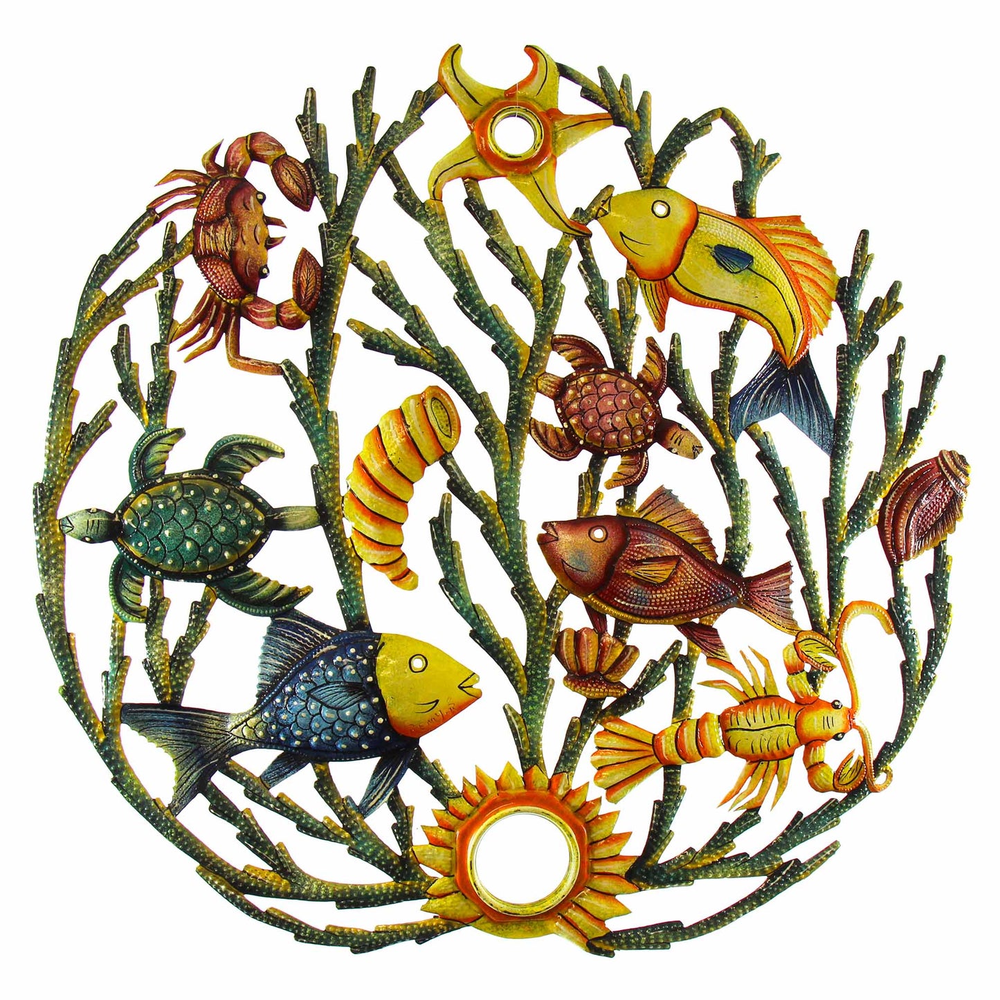 Sea Life in Coral Nautical Haitian Metal Drum Wall Art, 24" by Global Crafts Wholesale