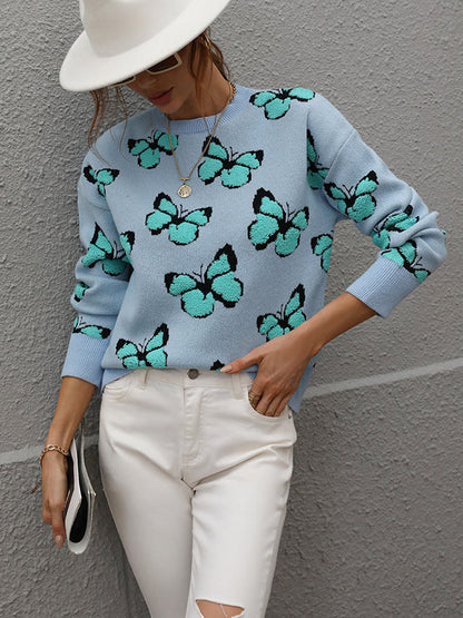 Original Long Sleeves Loose Butterfly Print Contrast Color Round-Neck Sweater Tops by migunica