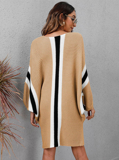 Original Loose 4 Colors Striped Round-Neck Batwing Long Sleeves Sweater Dress by migunica