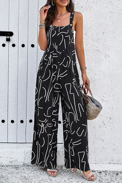 Printed Wide Strap Jumpsuit with Pockets by migunica