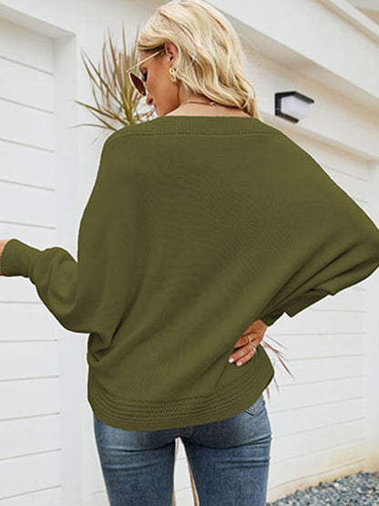 Loose Batwing Sleeves Twist Solid Color V-Neck Sweater Tops by migunica