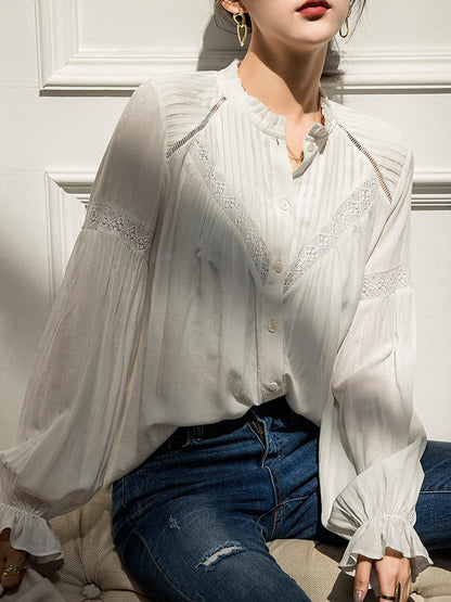 Vintage Urban White Loose Puff Sleeves Blouse by migunica