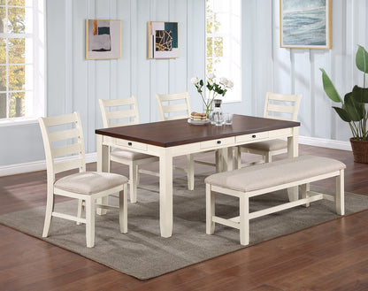 White Classic 1PC BENCH Rubberwood Beige Fabric Cushion Seats Dining Room Furniture Bench