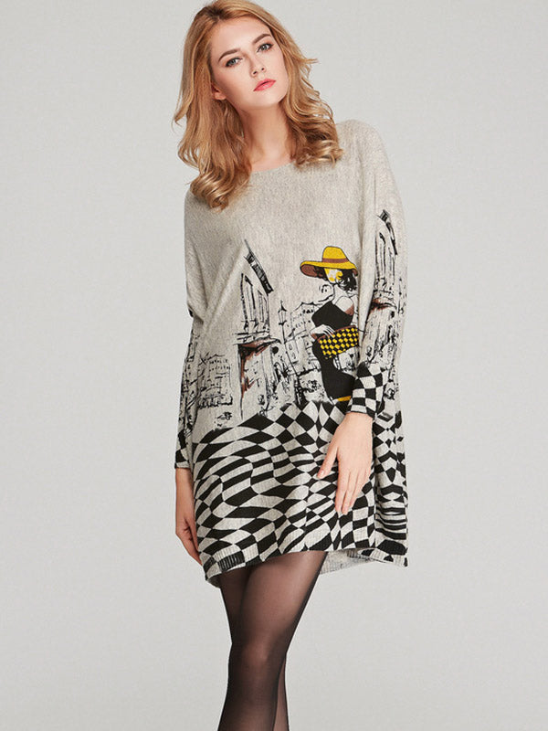 Vintage Loose Printed Split-Joint Sweater by migunica