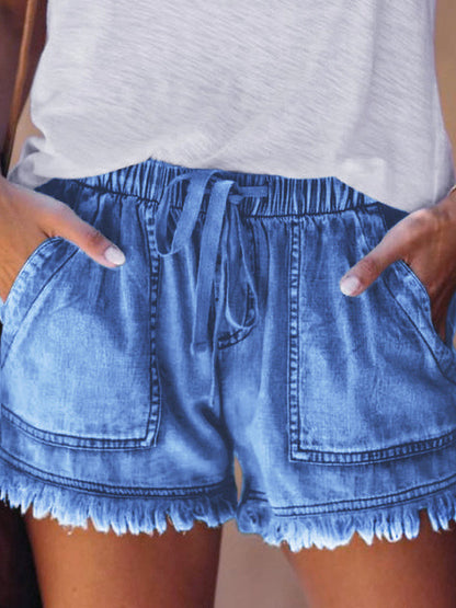 10 Colors Casual Drawstring High Waisted Denim Fringed Shorts by migunica