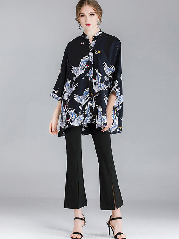 Original Crane Printed Buttoned Stand Collar Half Sleeves Blouse by migunica