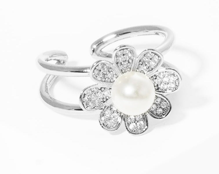 White Gold Dipped CZ Flower Acrylic Pearl Adjustable Ring by Fashion Hut Jewelry