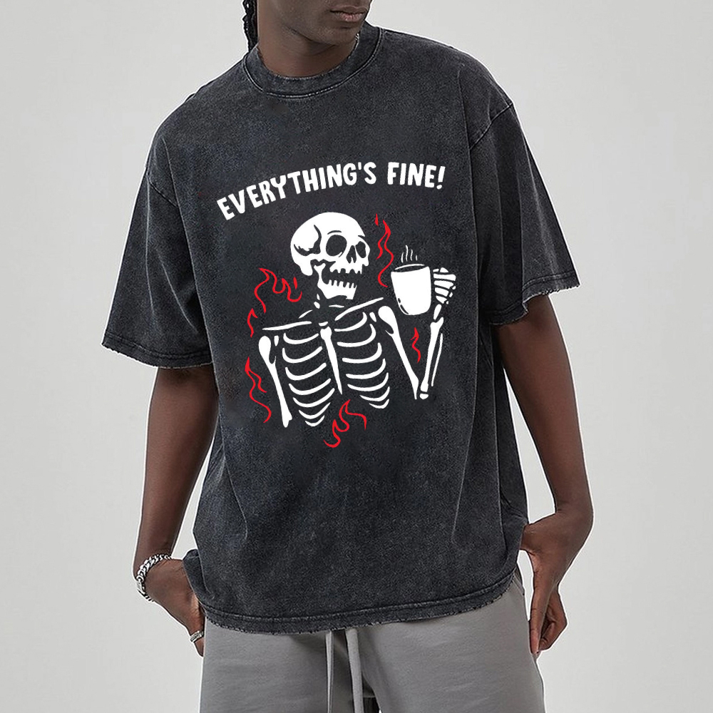 Unisex Everything's Fine Skull Letter Printed Retro Washed Short Sleeved T-Shirt by migunica