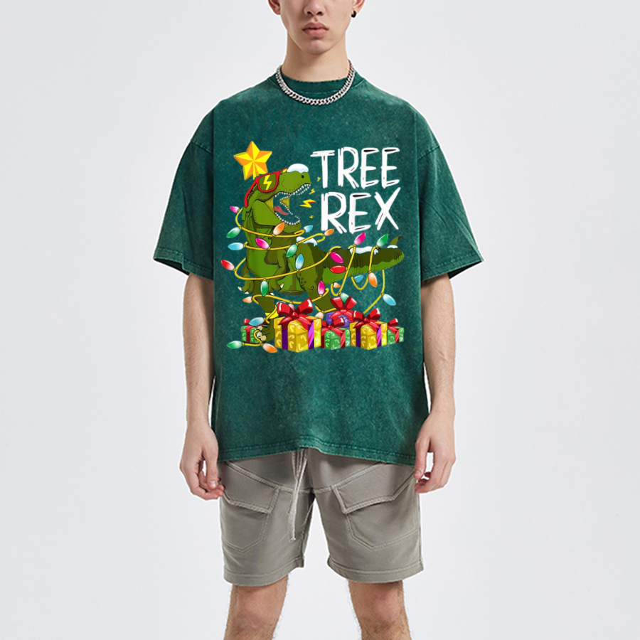 Tree Rex Unisex Oversized Print Vintage Wash Denim T-Shirt by migunica