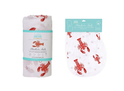 Gift Set: Heads Tails Crawfish Lobster Baby Muslin Swaddle Blanket and Burp Cloth/Bib Combo by Little Hometown