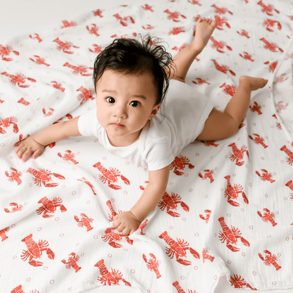 Gift Set: Heads Tails Crawfish Lobster Baby Muslin Swaddle Blanket and Burp Cloth/Bib Combo by Little Hometown