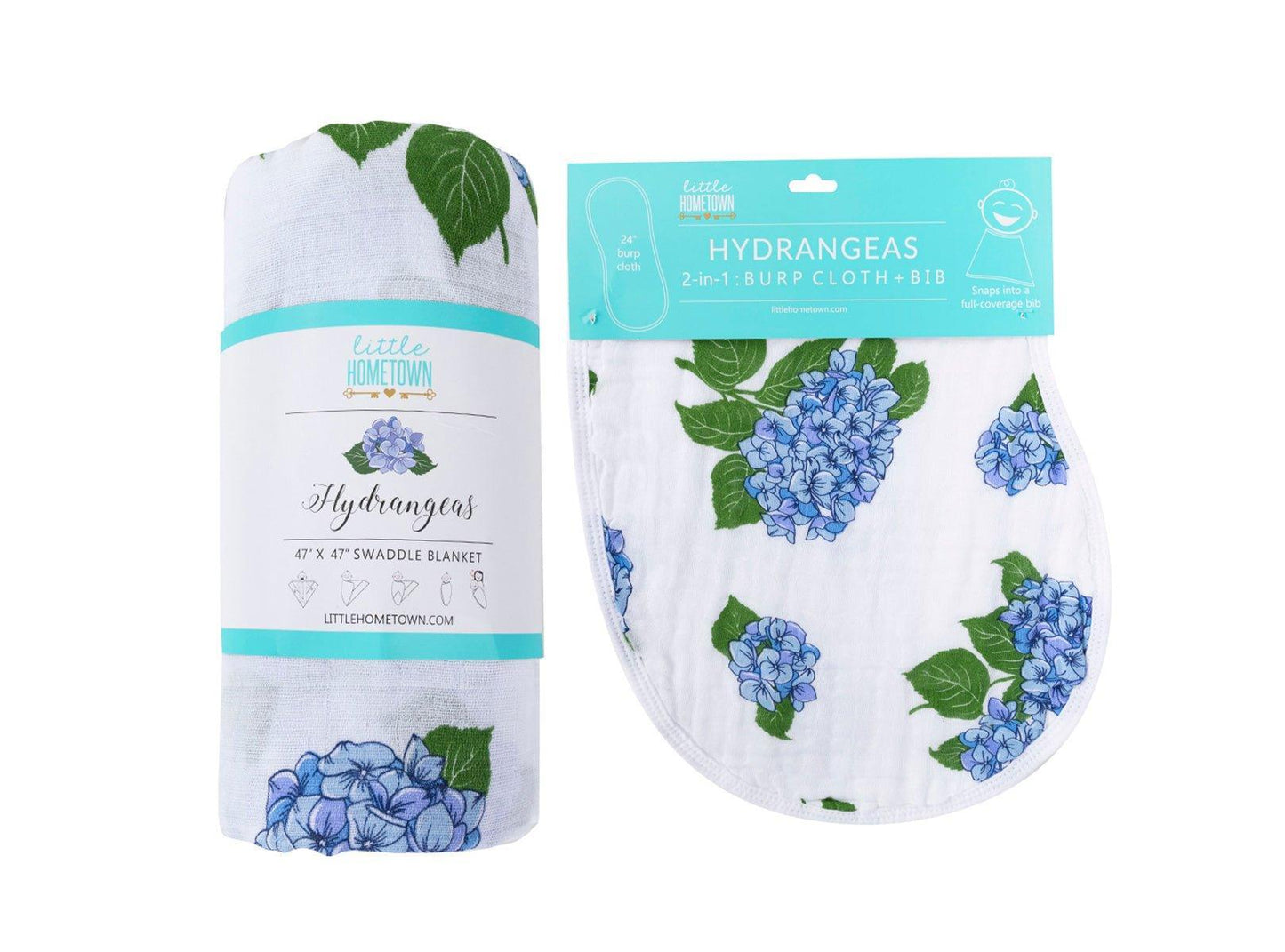 Gift Set: Hydrangeas Baby Muslin Swaddle Blanket and Burp Cloth/Bib Combo by Little Hometown