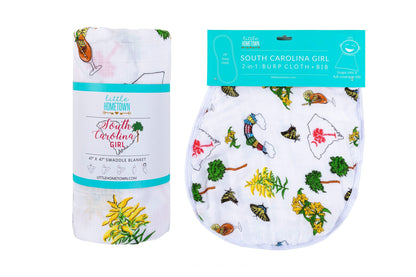 Gift Set: South Carolina Girl Baby Muslin Swaddle Blanket and Burp Cloth/Bib Combo by Little Hometown