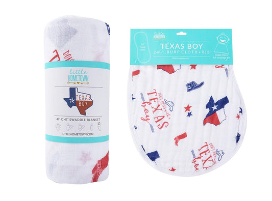 Gift Set: Texas Baby Boy Muslin Swaddle Blanket and Burp Cloth/Bib Combo by Little Hometown