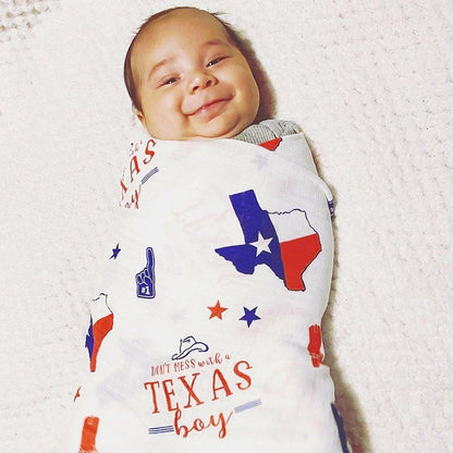 Gift Set: Texas Baby Boy Muslin Swaddle Blanket and Burp Cloth/Bib Combo by Little Hometown