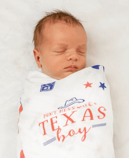 Gift Set: Texas Baby Boy Muslin Swaddle Blanket and Burp Cloth/Bib Combo by Little Hometown