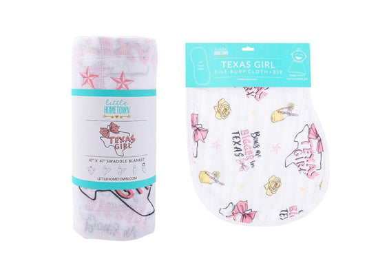 Gift Set: Texas Baby Girl Muslin Swaddle Blanket and Burp Cloth/Bib Combo by Little Hometown