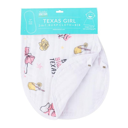 Gift Set: Texas Baby Girl Muslin Swaddle Blanket and Burp Cloth/Bib Combo by Little Hometown