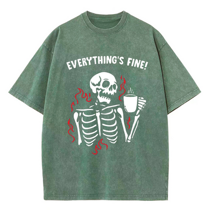 Unisex Everything's Fine Skull Letter Printed Retro Washed Short Sleeved T-Shirt by migunica