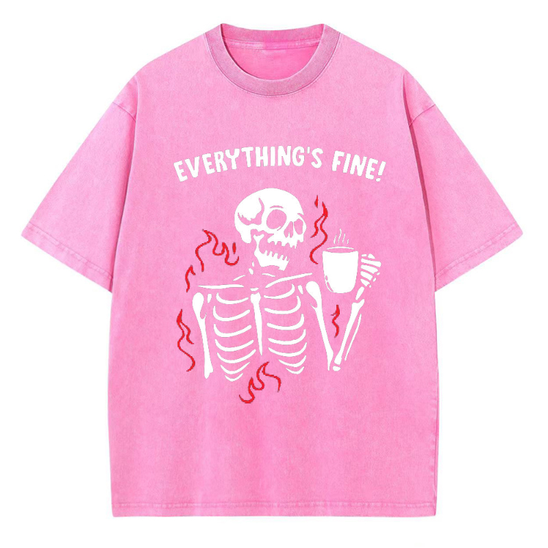 Unisex Everything's Fine Skull Letter Printed Retro Washed Short Sleeved T-Shirt by migunica