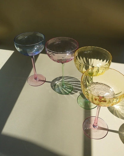 Hand Blown Retro Pastel Coloured Cocktail Glasses Coupe Set of 4 ( $22.5 Each ) by INSPECIAL HOME