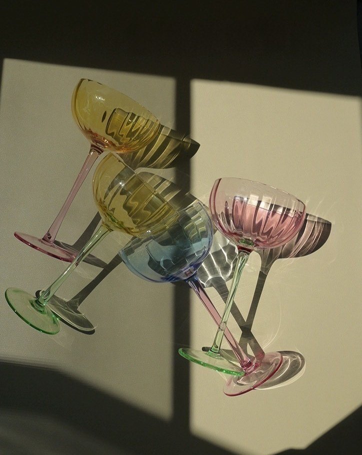 Hand Blown Retro Pastel Coloured Cocktail Glasses Coupe Set of 4 ( $22.5 Each ) by INSPECIAL HOME