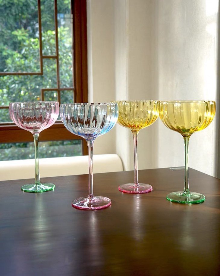 Hand Blown Retro Pastel Coloured Cocktail Glasses Coupe Set of 4 ( $22.5 Each ) by INSPECIAL HOME