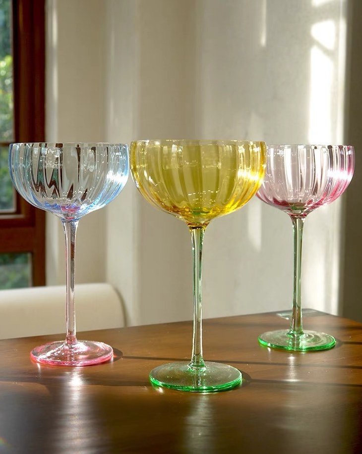 Hand Blown Retro Pastel Coloured Cocktail Glasses Coupe Set of 4 ( $22.5 Each ) by INSPECIAL HOME