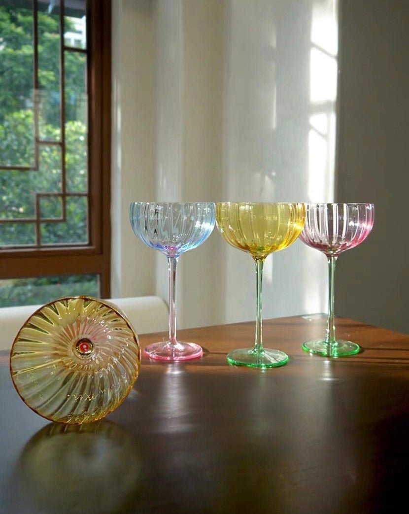 Hand Blown Retro Pastel Coloured Cocktail Glasses Coupe Set of 4 ( $22.5 Each ) by INSPECIAL HOME