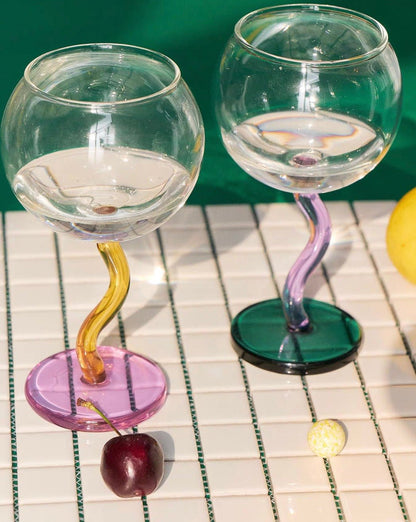 Handblown Bubble Wine Glass - Retro Whimsical Eclectic Wavy Stemmed Goblets by INSPECIAL HOME