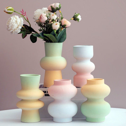 Handmade Ceramic Gradient Vase, Dopamine Geometric Matte Flower Vessels by INSPECIAL HOME