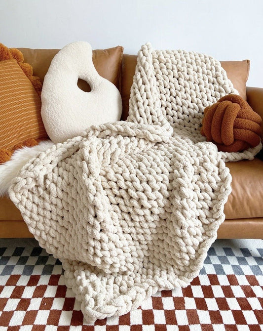 Handmade Beige Chunky Fluffy Knit Throw Blanket - Cozy and Soft Chenille Yarn by INSPECIAL HOME