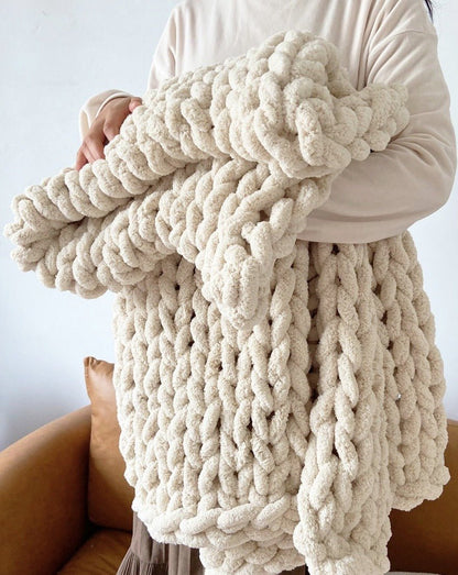 Handmade Beige Chunky Fluffy Knit Throw Blanket - Cozy and Soft Chenille Yarn by INSPECIAL HOME